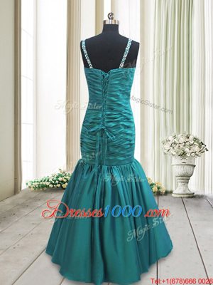 Inexpensive Mermaid Floor Length Teal Prom Gown Straps Sleeveless Lace Up