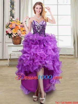 Glamorous Eggplant Purple Ball Gowns Organza Sweetheart Sleeveless Beading and Ruffles High Low Lace Up Juniors Party Dress