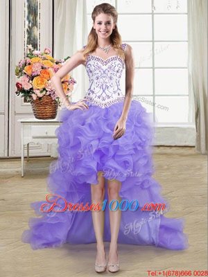Suitable Lavender Straps Neckline Beading and Ruffles Pageant Dress for Womens Sleeveless Lace Up
