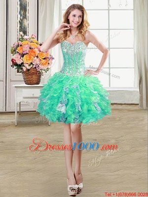 Turquoise Organza Lace Up Sweetheart Sleeveless Mini Length Pageant Dress Womens Beading and Ruffles and Sequins