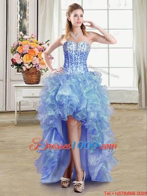 On Sale Sequins High Low Blue Teens Party Dress Sweetheart Sleeveless Lace Up