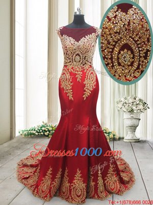 Mermaid Red Elastic Woven Satin Side Zipper Scoop Cap Sleeves With Train Dress for Prom Brush Train Appliques