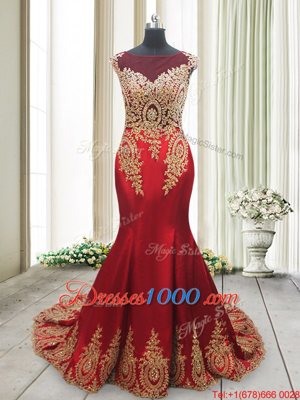 Mermaid Red Elastic Woven Satin Side Zipper Scoop Cap Sleeves With Train Dress for Prom Brush Train Appliques