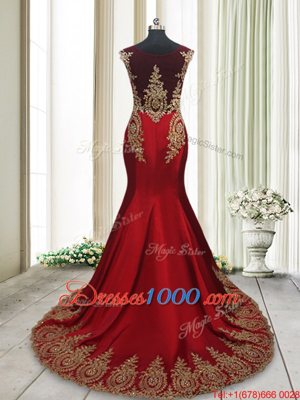 Mermaid Red Elastic Woven Satin Side Zipper Scoop Cap Sleeves With Train Dress for Prom Brush Train Appliques