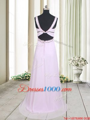 Colorful Straps Straps Pink Chiffon Zipper Homecoming Dress Sleeveless Floor Length Beading