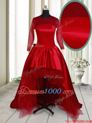 Scoop Long Sleeves Clasp Handle Cocktail Dress Wine Red Taffeta and Tulle
