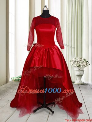 Scoop Long Sleeves Clasp Handle Cocktail Dress Wine Red Taffeta and Tulle