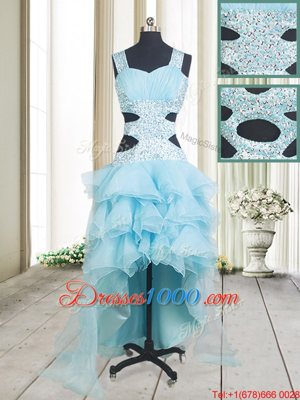 Enchanting Aqua Blue A-line Organza Straps Sleeveless Beading and Ruffled Layers High Low Criss Cross Dress for Prom