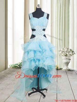 Enchanting Aqua Blue A-line Organza Straps Sleeveless Beading and Ruffled Layers High Low Criss Cross Dress for Prom