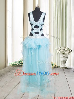 Enchanting Aqua Blue A-line Organza Straps Sleeveless Beading and Ruffled Layers High Low Criss Cross Dress for Prom