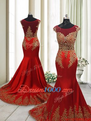 Attractive Mermaid Scoop Cap Sleeves Sweep Train Appliques Side Zipper Prom Party Dress