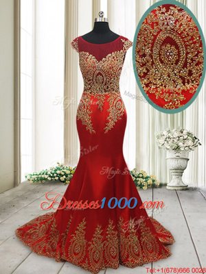 Attractive Mermaid Scoop Cap Sleeves Sweep Train Appliques Side Zipper Prom Party Dress