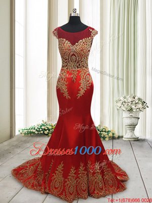 Attractive Mermaid Scoop Cap Sleeves Sweep Train Appliques Side Zipper Prom Party Dress