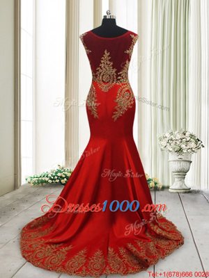 Attractive Mermaid Scoop Cap Sleeves Sweep Train Appliques Side Zipper Prom Party Dress