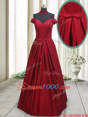 Simple Wine Red A-line Taffeta Off The Shoulder Sleeveless Ruching and Bowknot Floor Length Lace Up Dress for Prom