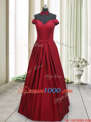 Simple Wine Red A-line Taffeta Off The Shoulder Sleeveless Ruching and Bowknot Floor Length Lace Up Dress for Prom