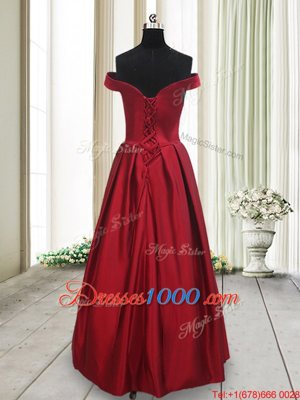 Simple Wine Red A-line Taffeta Off The Shoulder Sleeveless Ruching and Bowknot Floor Length Lace Up Dress for Prom