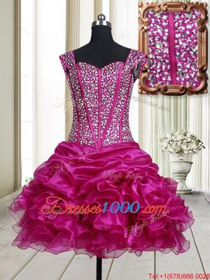 Vintage Fuchsia A-line Organza Straps Sleeveless Beading and Ruffles Mini Length Lace Up High School Pageant Dress