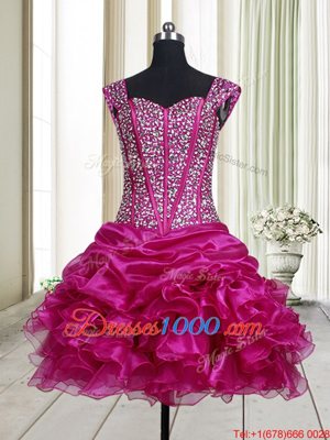 Vintage Fuchsia A-line Organza Straps Sleeveless Beading and Ruffles Mini Length Lace Up High School Pageant Dress