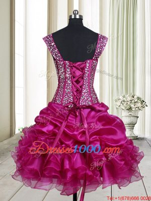 Vintage Fuchsia A-line Organza Straps Sleeveless Beading and Ruffles Mini Length Lace Up High School Pageant Dress