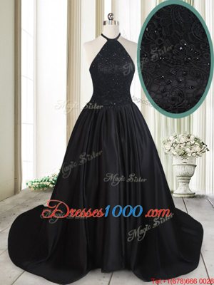 Sexy Black A-line Halter Top Sleeveless Taffeta Brush Train Lace Up Beading and Lace Prom Dresses