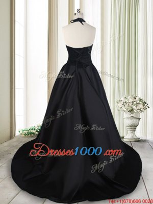 Sexy Black A-line Halter Top Sleeveless Taffeta Brush Train Lace Up Beading and Lace Prom Dresses