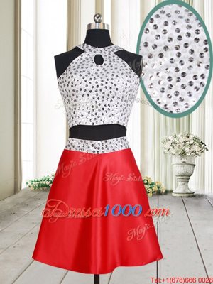 New Arrival Halter Top Sleeveless Mini Length Beading Criss Cross Dress for Prom with White And Red