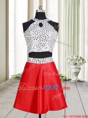 New Arrival Halter Top Sleeveless Mini Length Beading Criss Cross Dress for Prom with White And Red