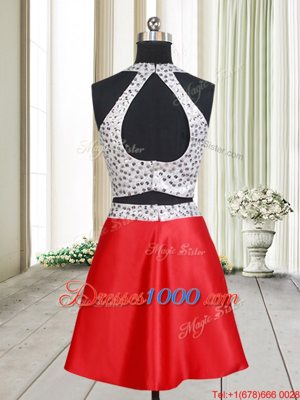 New Arrival Halter Top Sleeveless Mini Length Beading Criss Cross Dress for Prom with White And Red