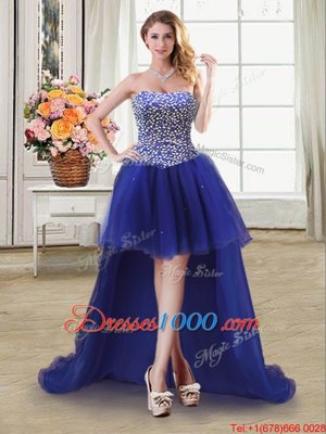 Extravagant Sweetheart Sleeveless Party Dress for Toddlers High Low Beading Royal Blue Tulle