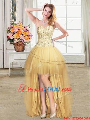 Gold Sleeveless Beading and Sequins High Low Cocktail Dresses