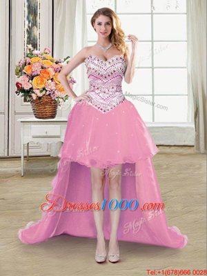 Customized Pink A-line Beading Pageant Gowns Lace Up Organza Sleeveless High Low