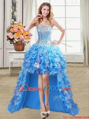 Baby Blue A-line Beading and Ruffles and Sequins Cocktail Dresses Lace Up Organza Sleeveless High Low