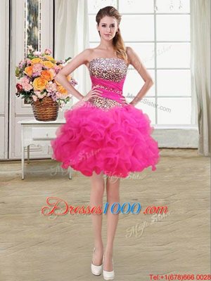 Dramatic Hot Pink Sleeveless Mini Length Beading and Ruffles and Ruffled Layers and Sequins Lace Up Cocktail Dress