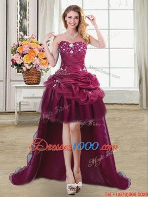 Burgundy Organza Lace Up Cocktail Dresses Sleeveless High Low Beading and Appliques and Pick Ups