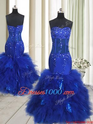 Dynamic Mermaid Floor Length Royal Blue Evening Dresses Tulle Sleeveless Beading and Ruffles