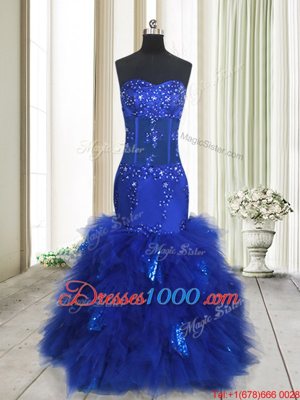 Dynamic Mermaid Floor Length Royal Blue Evening Dresses Tulle Sleeveless Beading and Ruffles