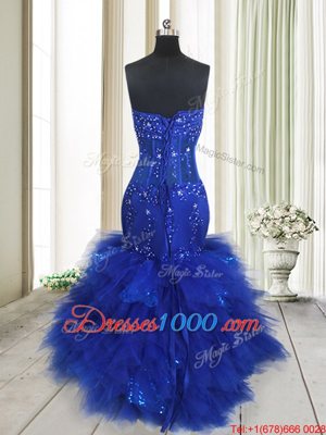 Dynamic Mermaid Floor Length Royal Blue Evening Dresses Tulle Sleeveless Beading and Ruffles