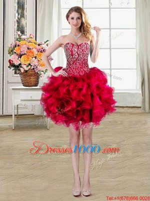 Sleeveless Mini Length Beading and Ruffles Lace Up High School Pageant Dress with Red