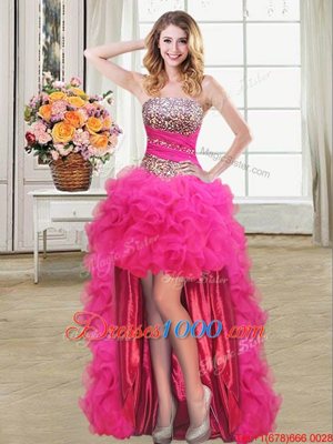 Luxury Sequins Ruffled High Low Ball Gowns Sleeveless Hot Pink Cocktail Dress Lace Up