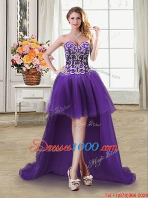Flare Purple Ball Gowns Beading and Sequins Pageant Dress Womens Lace Up Tulle Sleeveless High Low