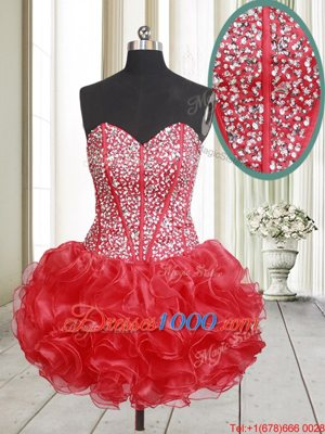 Mini Length Lace Up Winning Pageant Gowns Red and In for Prom and Party with Beading and Ruffles
