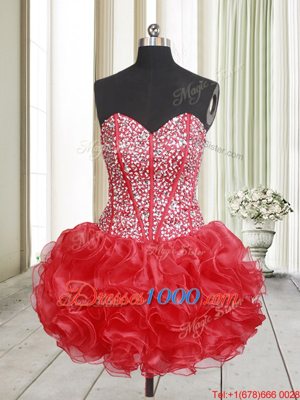 Mini Length Lace Up Winning Pageant Gowns Red and In for Prom and Party with Beading and Ruffles