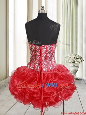 Mini Length Lace Up Winning Pageant Gowns Red and In for Prom and Party with Beading and Ruffles