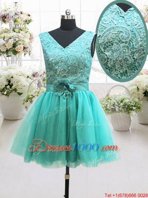 Turquoise Sleeveless Mini Length Beading and Lace and Belt and Hand Made Flower Lace Up Prom Dress