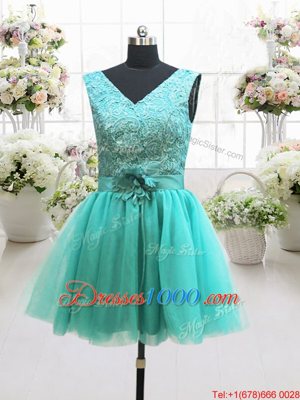 Turquoise Sleeveless Mini Length Beading and Lace and Belt and Hand Made Flower Lace Up Prom Dress