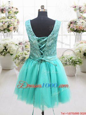 Turquoise Sleeveless Mini Length Beading and Lace and Belt and Hand Made Flower Lace Up Prom Dress