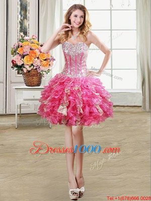 Elegant Hot Pink Sweetheart Neckline Beading and Ruffles and Sequins High School Pageant Dress Sleeveless Lace Up