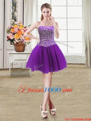 Sleeveless Tulle Mini Length Lace Up Juniors Party Dress in Purple for with Beading