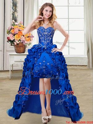 Royal Blue Ball Gowns Beading and Embroidery and Pick Ups Pageant Dress for Girls Lace Up Taffeta Sleeveless High Low